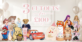 3 Cardboard Cut Outs for £100 Offer | Assorted themed character cut-outs displayed around promotional bundle text