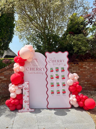 Cherry Birthday Backdrop | Pink and red balloon display with cherry-themed panels, personalised sign and number prop