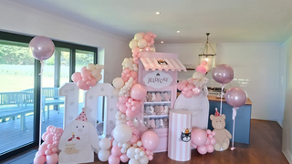 Jellycat Birthday Display | Pink shop backdrop with plush character cut-outs, cake plinth and personalised party pieces
