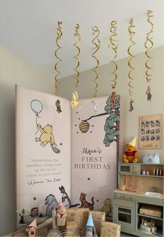 Winnie the Pooh Birthday Backdrop | Storybook-style panel with Pooh, Piglet, Tigger, Eeyore and woodland details