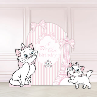 Aristocats Marie Birthday Backdrop | Pink striped display with Marie kitten cut-outs, bows and Eiffel Tower