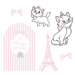 Aristocats Marie Birthday Party Set | Pink striped backdrop with Marie kitten cut-outs, Eiffel Tower and bow decorations