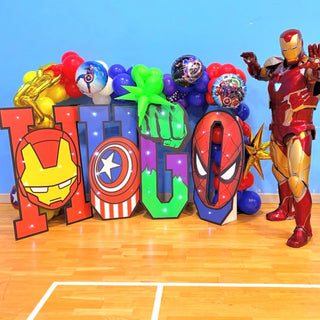 Avengers Birthday Display | Superhero letter lights with Iron Man, Hulk, Captain America and Spider-Man decorations