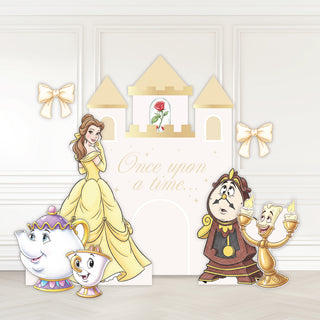 Beauty and the Beast Birthday Backdrop | Castle display with Belle and enchanted character cut-outs