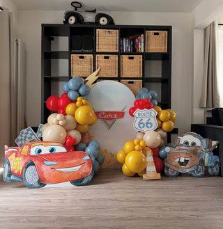 Cars Birthday Backdrop | Racing party display with Lightning McQueen, Mater, Route 66 sign and colourful balloons