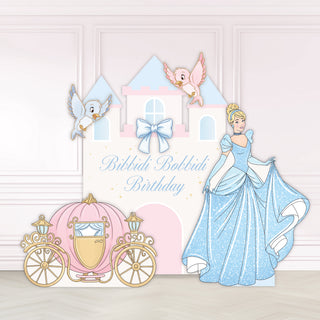Cinderella Birthday Backdrop | Pastel castle display with Cinderella, carriage, birds and blue bow decorations