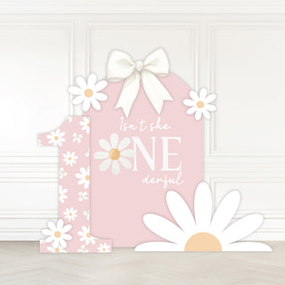Daisy Birthday Backdrop | Pink floral display with white bow, oversized daisies and matching decorative prop