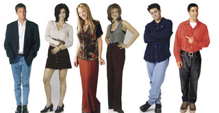 Cardboard cut outs of six friends for a 90s TV themed party