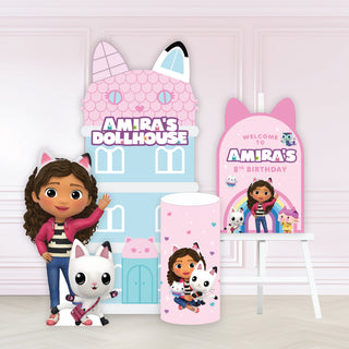 Gabby's Dollhouse Birthday Party Set | Pastel backdrop, character cut-outs, cake stand and personalised welcome sign
