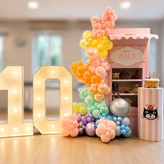 Jellycat Birthday Display | Personalised pink shop backdrop with rainbow balloons, light-up number and cake stand