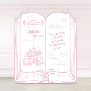 Princess Storybook Birthday Backdrop | Personalised pink open-book display with castle artwork and fairytale text