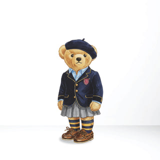 School Teddy Bear Standing Cut-Out | Freestanding bear in a navy blazer, pleated skirt, beret and striped socks