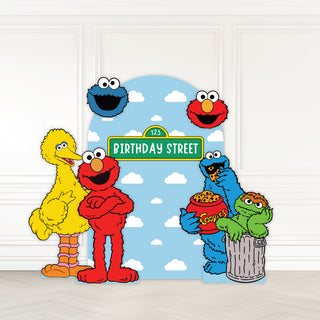 Sesame Street Birthday Backdrop | Blue cloud arch with Big Bird, Elmo, Cookie Monster and Oscar character cut-outs