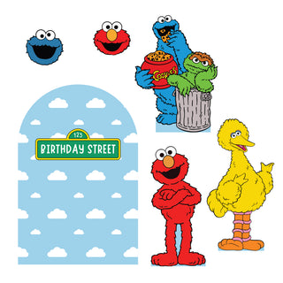 Sesame Street Birthday Party Set | Blue cloud backdrop with Elmo, Big Bird, Cookie Monster and Oscar cut-outs