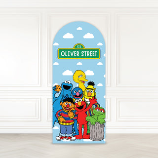 Sesame Street Birthday Backdrop | Personalised blue arch with Cookie Monster, Elmo, Big Bird and character group