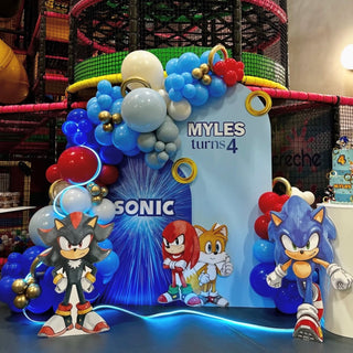Sonic Birthday Party Backdrop | Personalised Sonic backdrop with balloons and freestanding character cut-outs