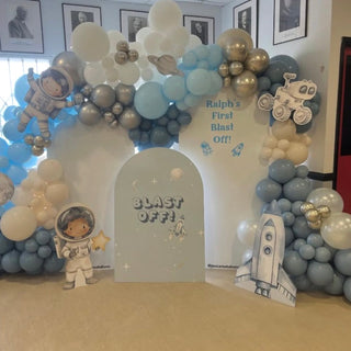 Space Birthday Backdrop | Personalised blue balloon display with astronauts, moon buggy and rocket cut-outs