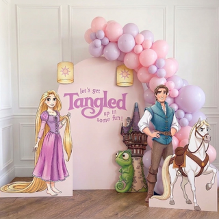 Tangled Birthday Backdrop | Pink balloon display with princess, tower, chameleon, prince and horse cut-outs