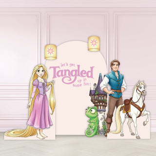 Tangled Birthday Backdrop | Pastel display with Rapunzel, Flynn Rider, Pascal, tower and horse cut-outs