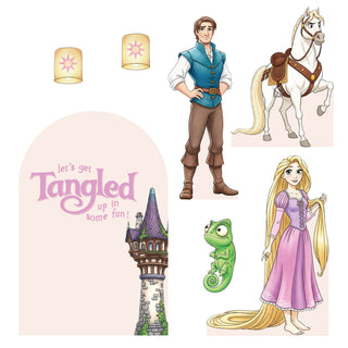 Tangled Birthday Party Set | Pastel backdrop with Rapunzel, Flynn Rider, Pascal, tower, horse and lantern cut-outs