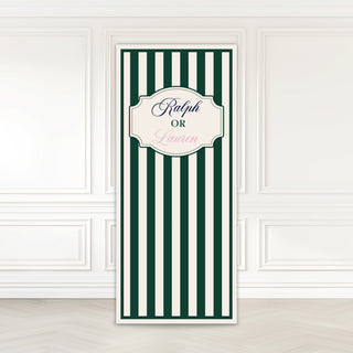 Teddy Bear Gender Reveal Backdrop | Personalised green striped panel with a classic boy or girl name sign