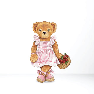 Teddy Bear Girl Standing Cut-Out | Freestanding bear in a pink dress holding a basket of strawberries