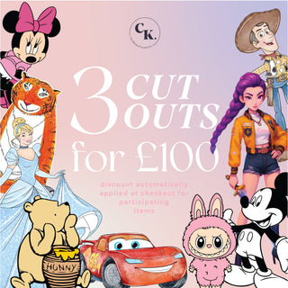 Three Character Cut-Outs Offer | Promotional graphic featuring assorted party characters and a £100 bundle deal