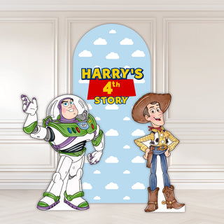 Toy Story Birthday Backdrop | Blue cloud arch with Buzz Lightyear and Woody character cut-outs and personalised name