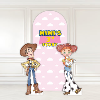 Toy Story Birthday Backdrop | Pink cloud arch with Woody and Jessie character cut-outs and personalised name