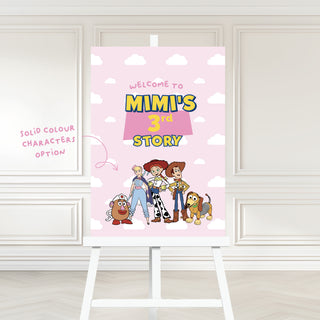 Toy Story Welcome Sign | Personalised pink cloud board with Woody, Jessie, Bo Peep and themed character cut-outs