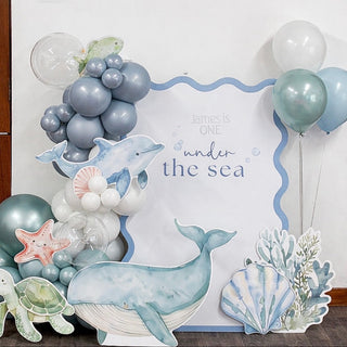 Under the Sea First Birthday Backdrop | Blue ocean party display with whale, dolphin, turtle and shell cut-outs