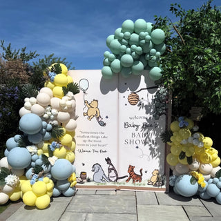 Winnie the Pooh Baby Shower Backdrop | Storybook display with pastel balloons, Pooh characters and floral details