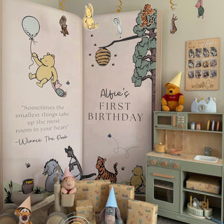 Winnie the Pooh Birthday Backdrop | Storybook display with Pooh, Piglet, Eeyore, Tigger and Hundred Acre Wood details